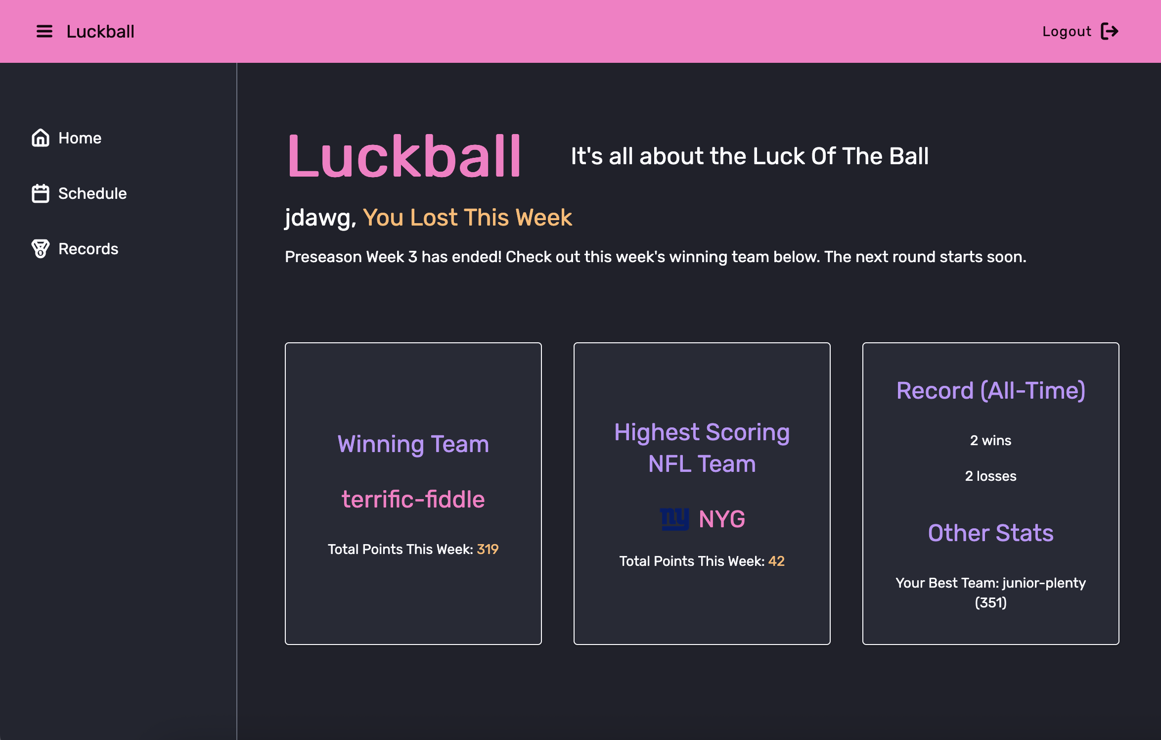 a users Luckball play stats